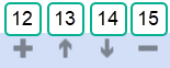 12. Plus icon is an addition symbol, flat design style. 13. Move up icon is an arrow facing up, flat design style. 14. Move Down icon is a icon facing down, flat design style. 15. Minus Sign is a subtraction sign, flat design style. 